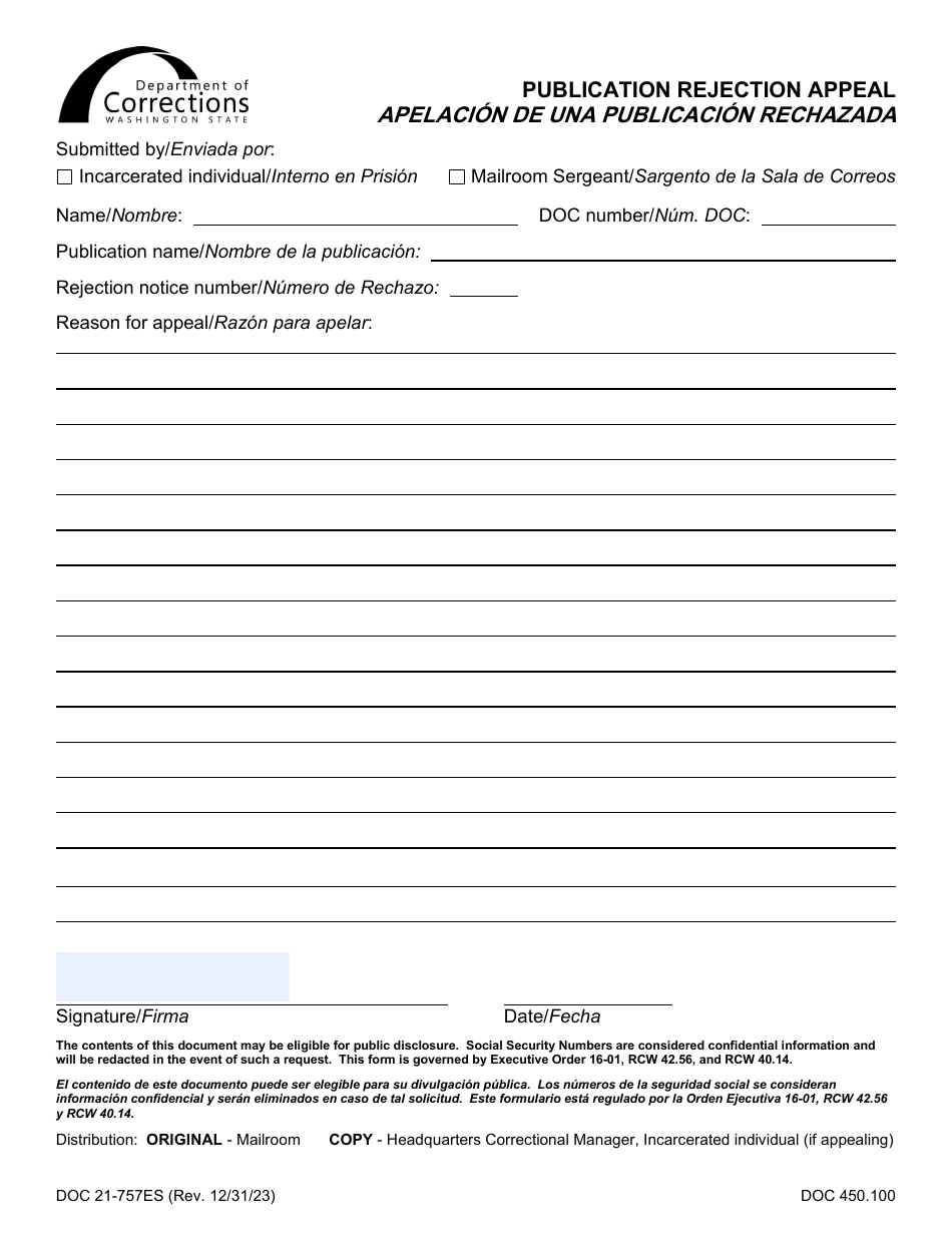 Form DOC21-757ES Publication Rejection Appeal - Washington (English / Spanish), Page 1