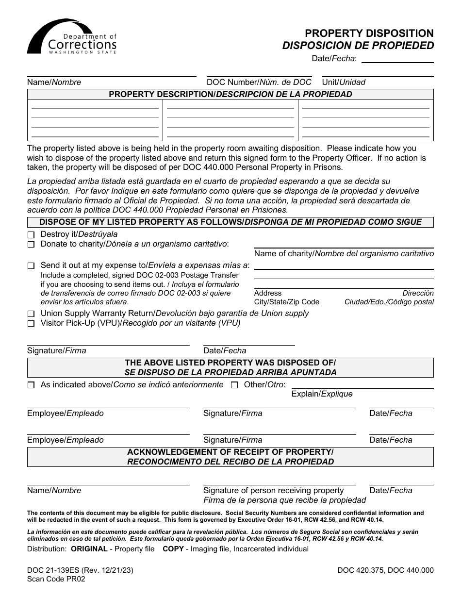 Form DOC21-139ES Property Disposition - Washington (English / Spanish), Page 1
