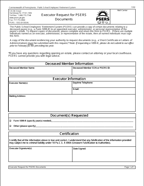 Form PSRS-1332 Executor Request for Psers Documents - Pennsylvania