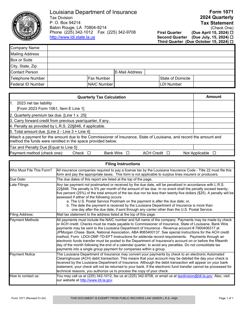 Form 1071 Download Fillable PDF or Fill Online Quarterly Tax Statement ...