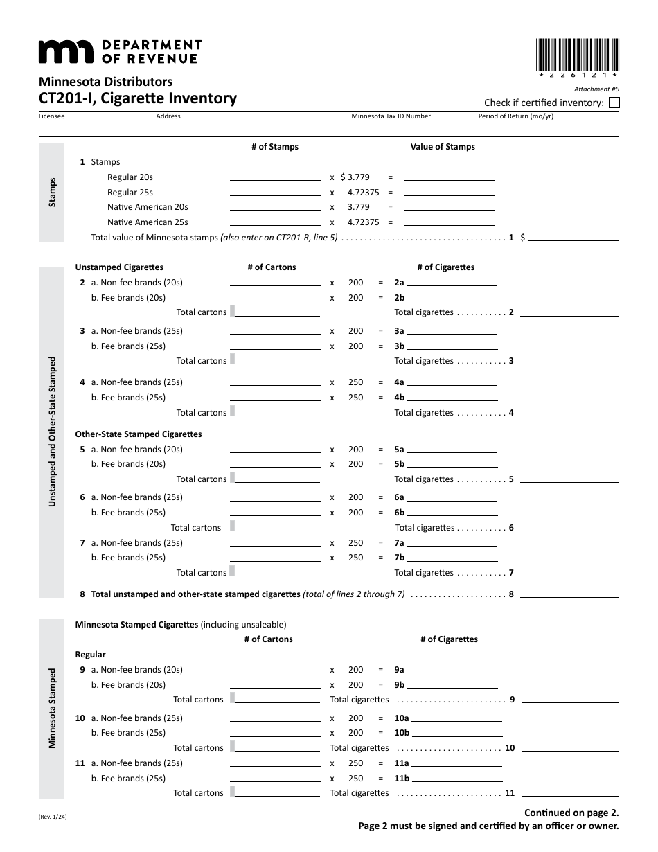 Form CT201-I Attachment 6 Cigarette Inventory - Minnesota Distributors - Minnesota, Page 1