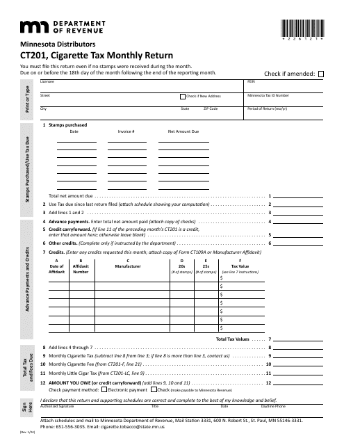 Form CT201 Cigarette Tax Monthly Return - Minnesota Distributors (Periods After Jan. 1, 2024) - Minnesota