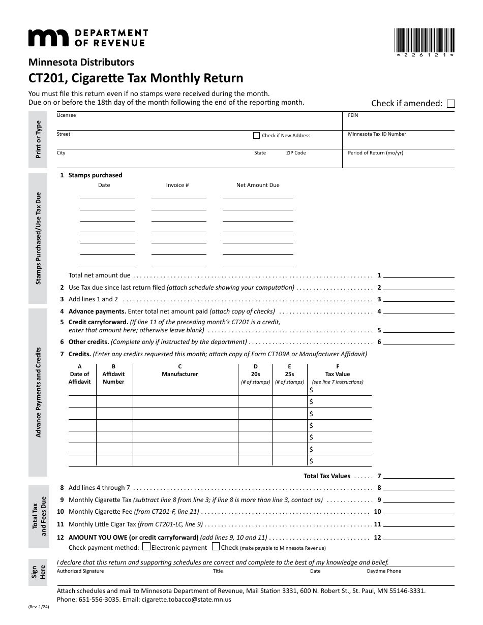 Form CT201 Cigarette Tax Monthly Return - Minnesota Distributors (Periods After Jan. 1, 2024) - Minnesota, Page 1