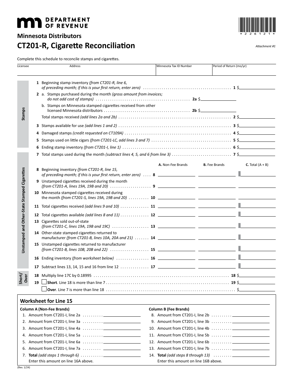 Form CT201-R Attachment 1 Cigarette Reconciliation - Minnesota Distributors (Periods After Jan. 1, 2024) - Minnesota, Page 1