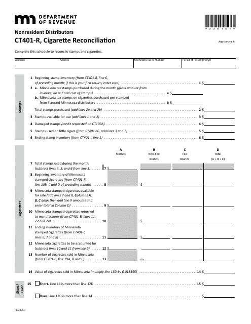 Form CT401-R Attachment 1 Cigarette Reconciliation - Nonresident Distributors (Periods After Jan. 1, 2024) - Minnesota