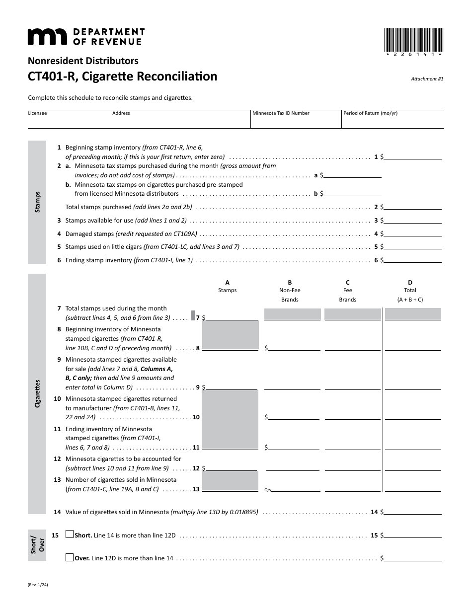 Form CT401-R Attachment 1 Cigarette Reconciliation - Nonresident Distributors (Periods After Jan. 1, 2024) - Minnesota, Page 1