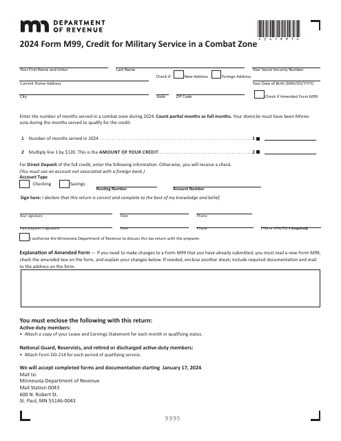 Form M99 Credit for Military Service in a Combat Zone - Minnesota, 2024