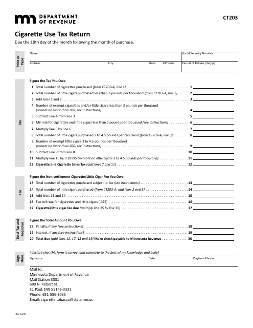 Form CT203 Cigarette Use Tax Return (Periods After Jan. 1, 2024) - Minnesota