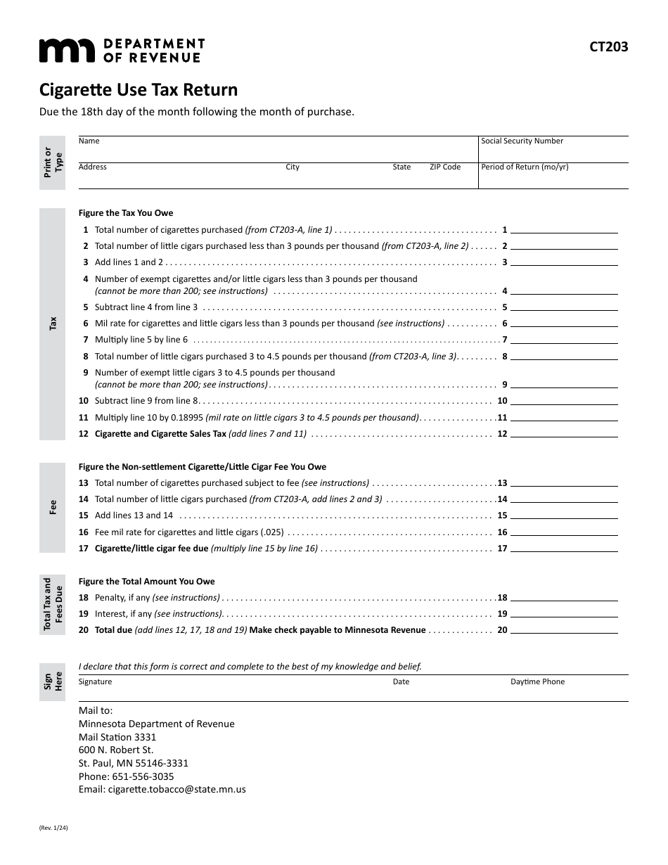 Form CT203 Cigarette Use Tax Return (Periods After Jan. 1, 2024) - Minnesota, Page 1