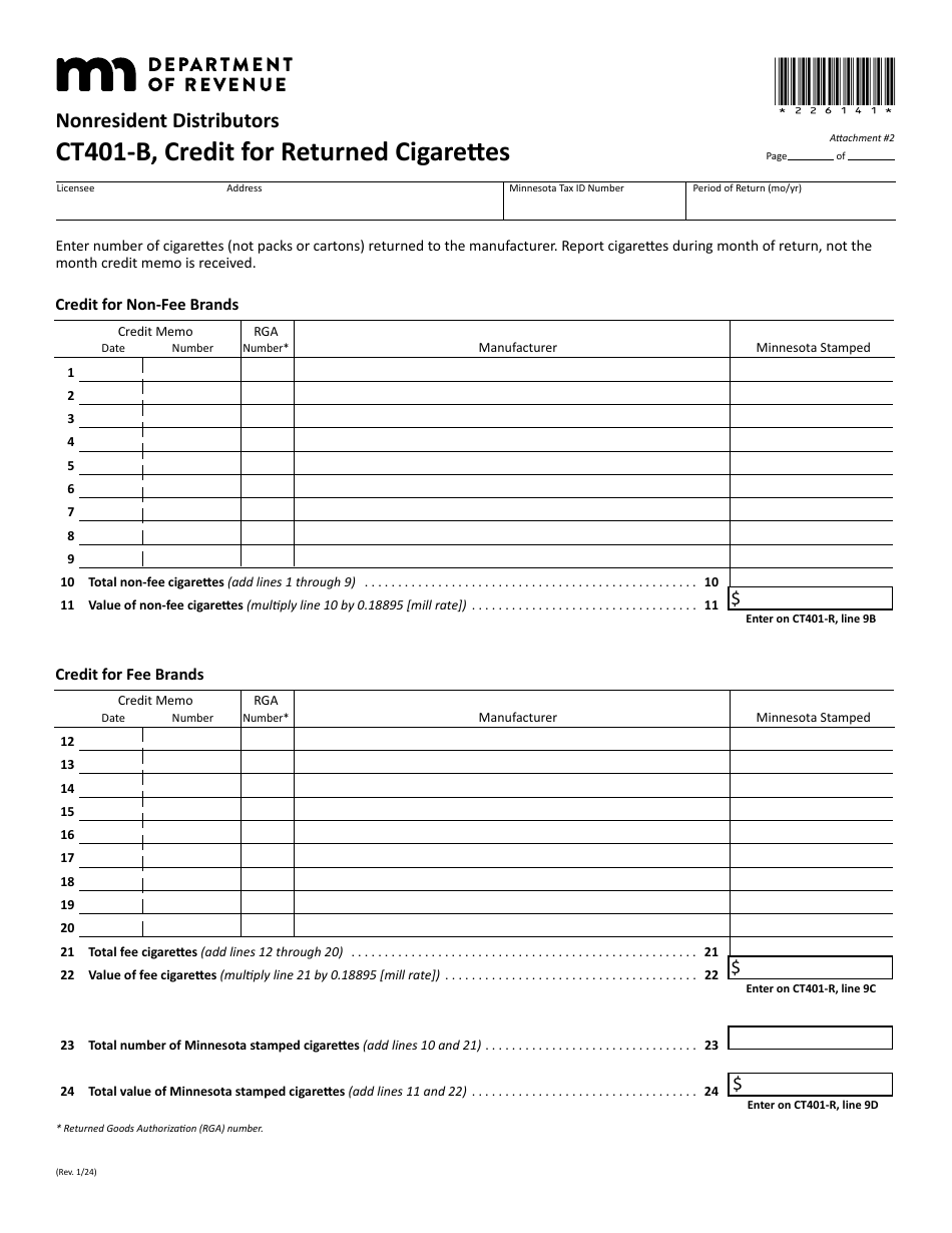 Form CT401-B Attachment 2 Credit for Returned Cigarettes - Nonresident Distributors (Periods After Jan. 1, 2024) - Minnesota, Page 1