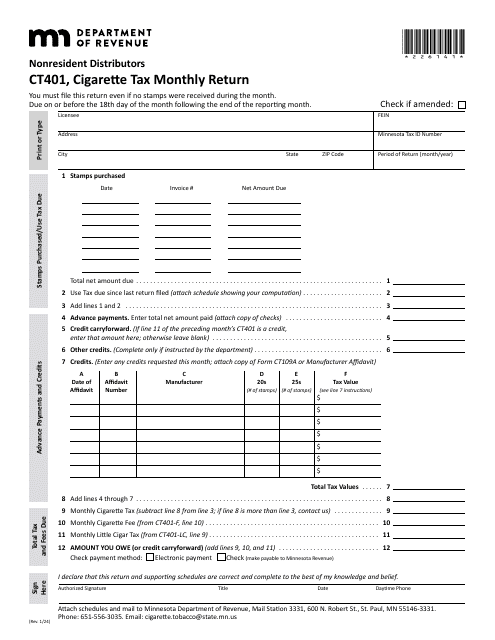 Form CT401 Cigarette Tax Monthly Return - Nonresident Distributors (Periods After Jan. 1, 2024) - Minnesota