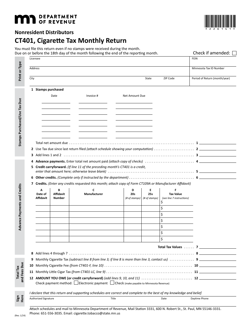 Form CT401 Cigarette Tax Monthly Return - Nonresident Distributors (Periods After Jan. 1, 2024) - Minnesota, Page 1