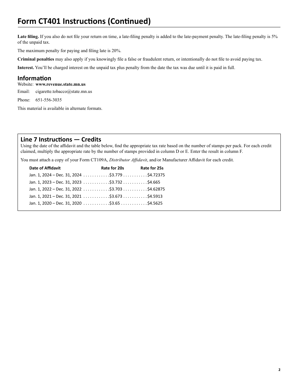 Form CT401 Cigarette Tax Monthly Return - Nonresident Distributors (Periods After Jan. 1, 2024) - Minnesota, Page 3