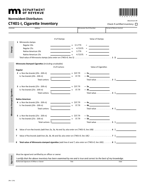 Form CT401-I Attachment 4 Cigarette Inventory - Nonresident Distributors (Periods After Jan. 1, 2024) - Minnesota