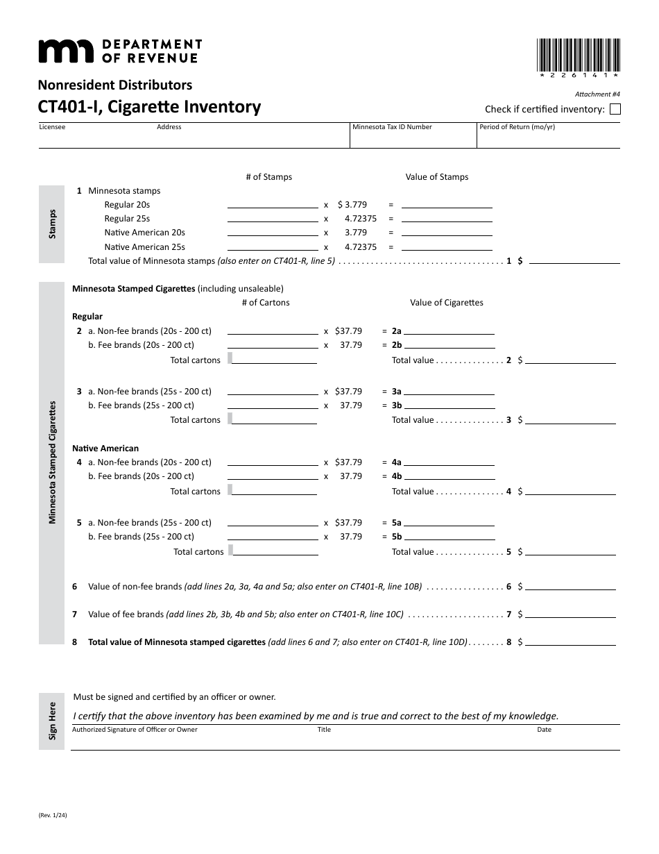 Form CT401-I Attachment 4 Cigarette Inventory - Nonresident Distributors (Periods After Jan. 1, 2024) - Minnesota, Page 1