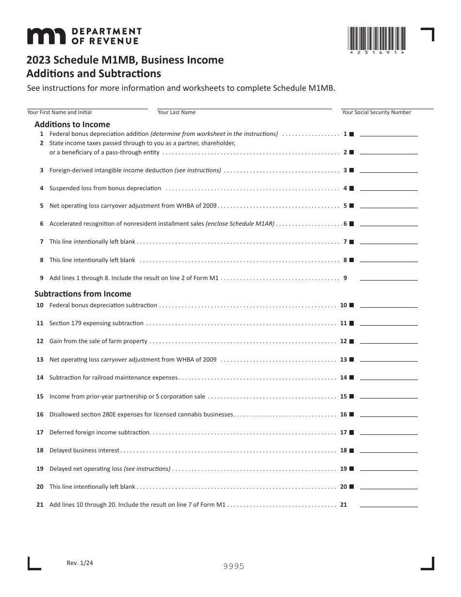 Schedule M1mb Download Fillable Pdf Or Fill Online Business Income Additions And Subtractions 0492