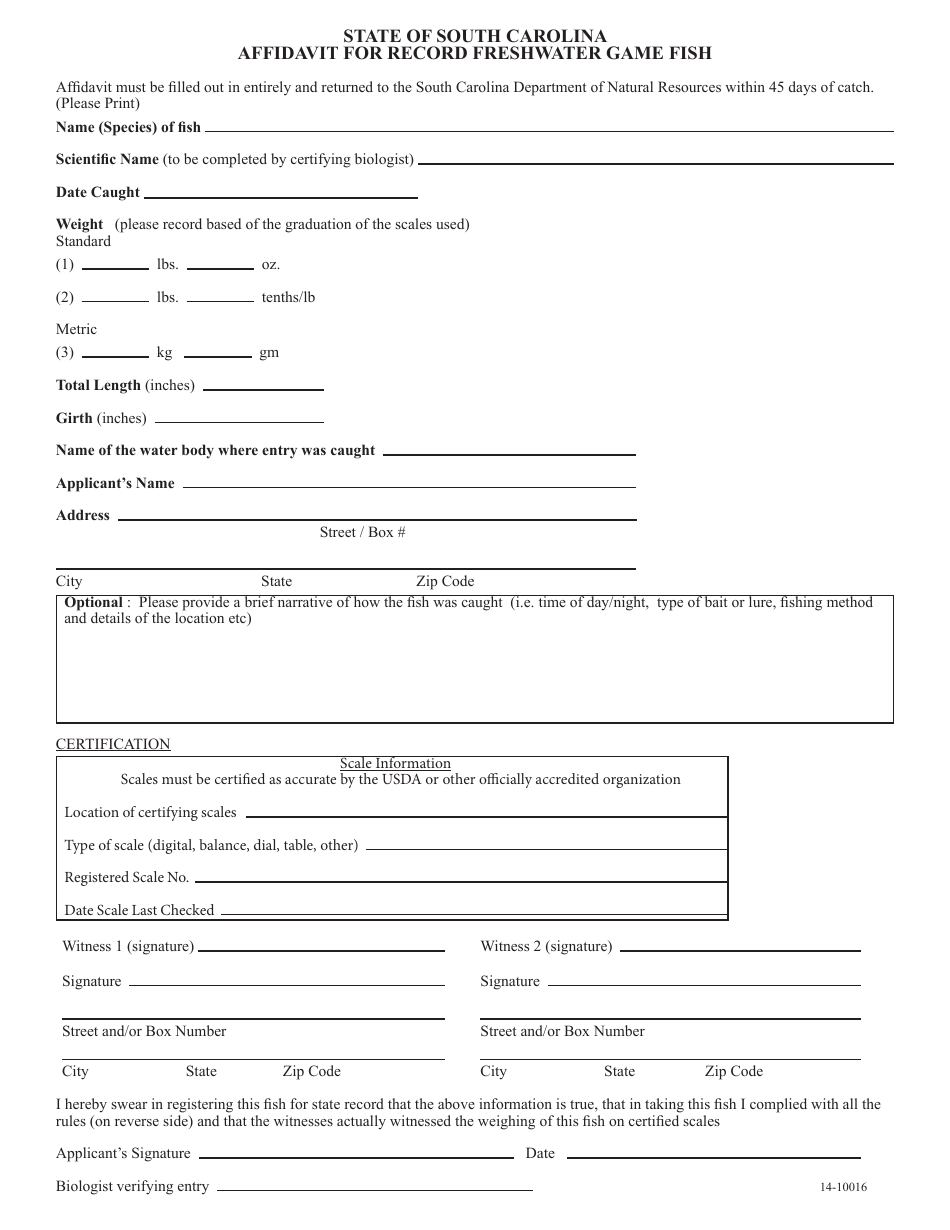 Affidavit for Record Freshwater Game Fish - South Carolina, Page 1