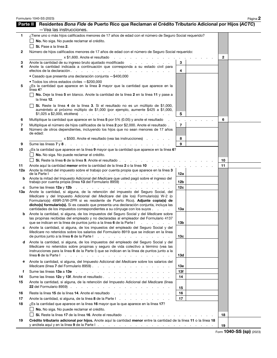 IRS Formulario 1040-SS (SP) Declaracion De Impuestos Federal Sobre El Trabajo Por Cuenta Propia (Incluyendo El Credito Tributario Adicional Por Hijos Para Residentes Bona Fide De Puerto Rico) (Spanish), Page 2