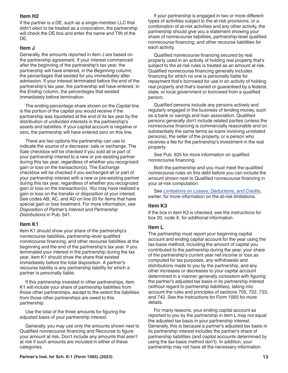 Instructions for IRS Form 1065 Schedule K-1 Partners Share of Income, Deductions, Credits, Etc. (For Partners Use Only), Page 13