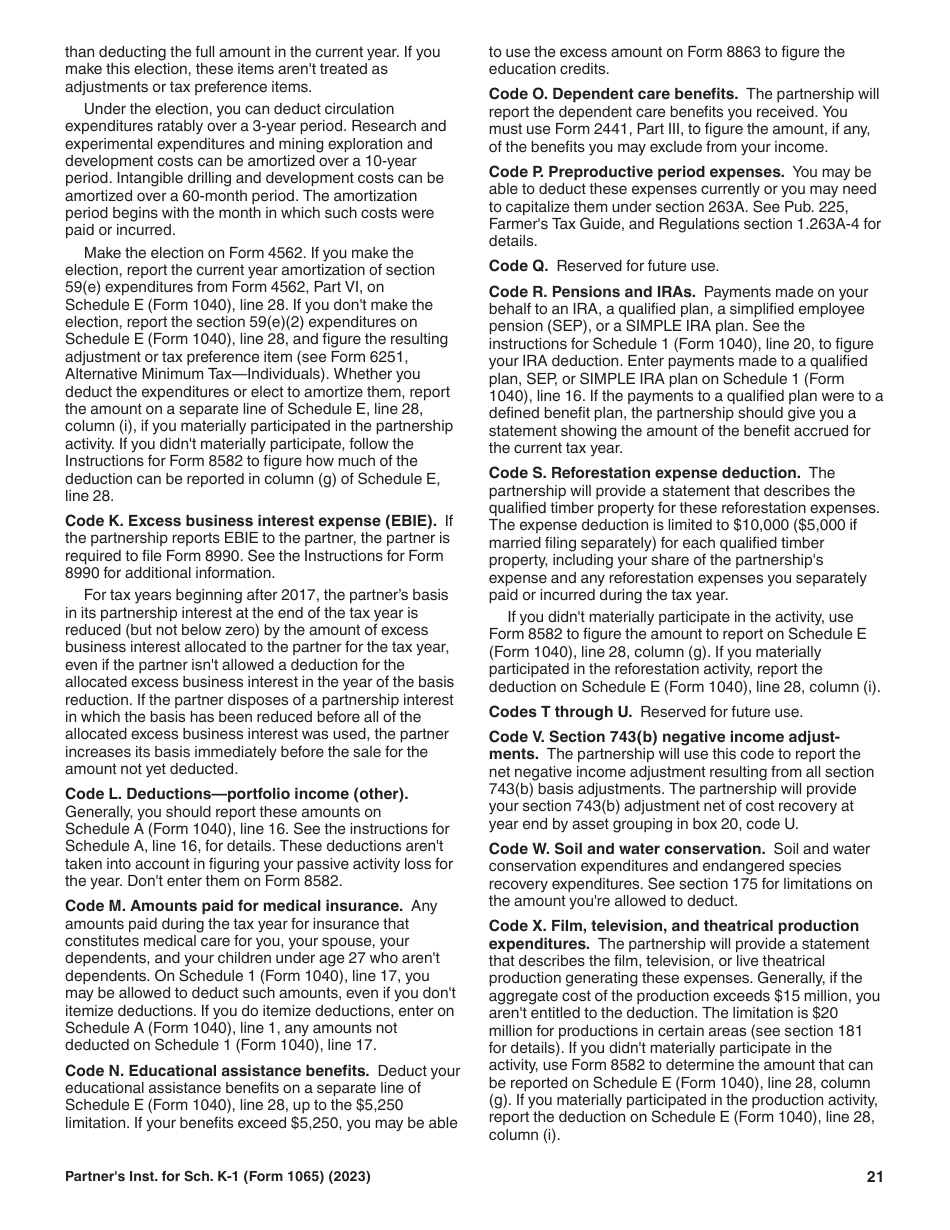 Instructions for IRS Form 1065 Schedule K-1 Partners Share of Income, Deductions, Credits, Etc. (For Partners Use Only), Page 21