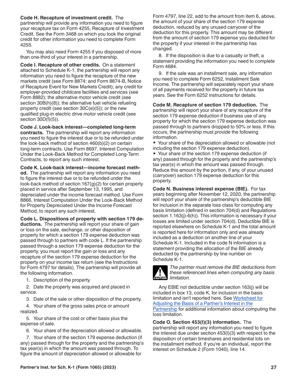 Instructions for IRS Form 1065 Schedule K-1 Partners Share of Income, Deductions, Credits, Etc. (For Partners Use Only), Page 27