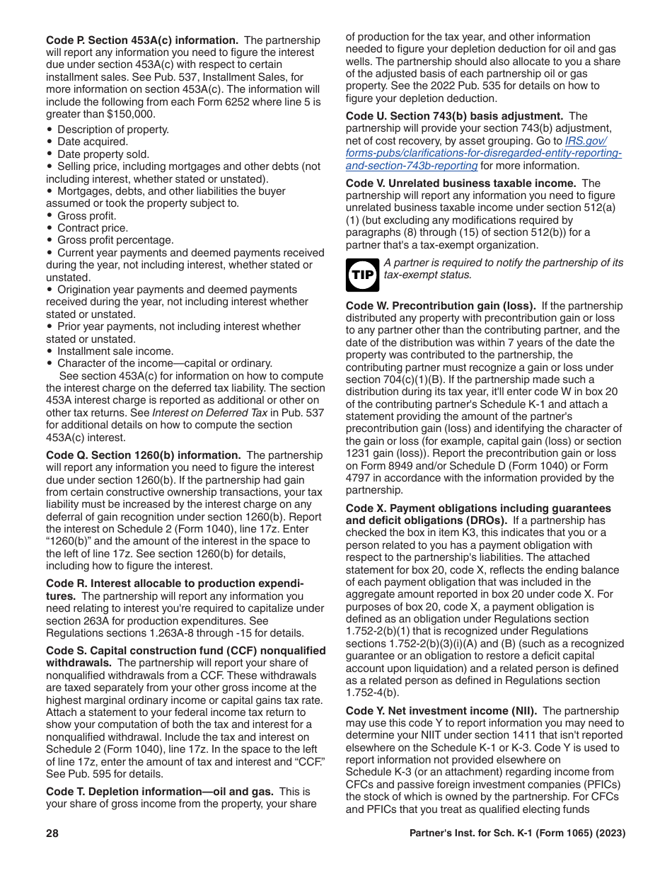 Instructions for IRS Form 1065 Schedule K-1 Partners Share of Income, Deductions, Credits, Etc. (For Partners Use Only), Page 28