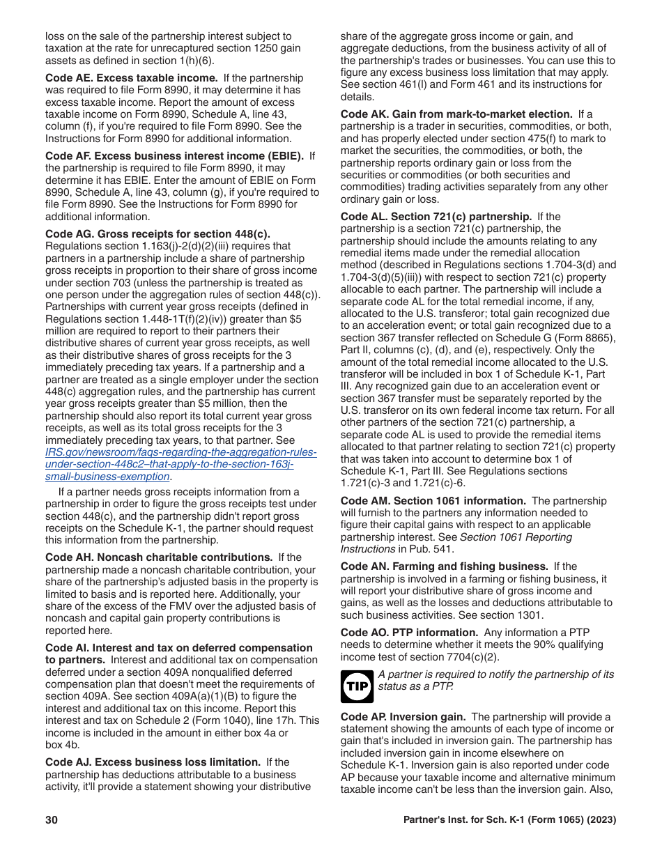 Instructions for IRS Form 1065 Schedule K-1 Partners Share of Income, Deductions, Credits, Etc. (For Partners Use Only), Page 30