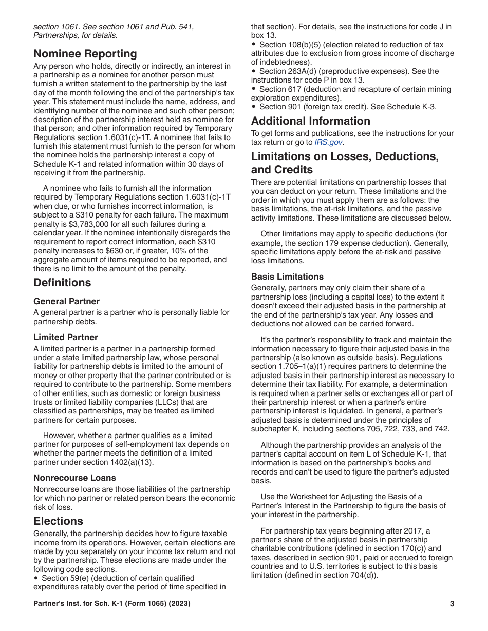 Instructions for IRS Form 1065 Schedule K-1 Partners Share of Income, Deductions, Credits, Etc. (For Partners Use Only), Page 3