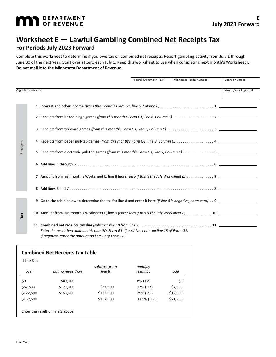 Worksheet E Lawful Gambling Combined Net Receipts Tax for Periods July 2023 Forward - Minnesota, Page 1