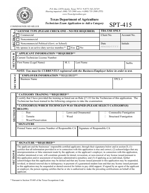 Form SPT-415 Technician Exam Application to Add a Category - Texas