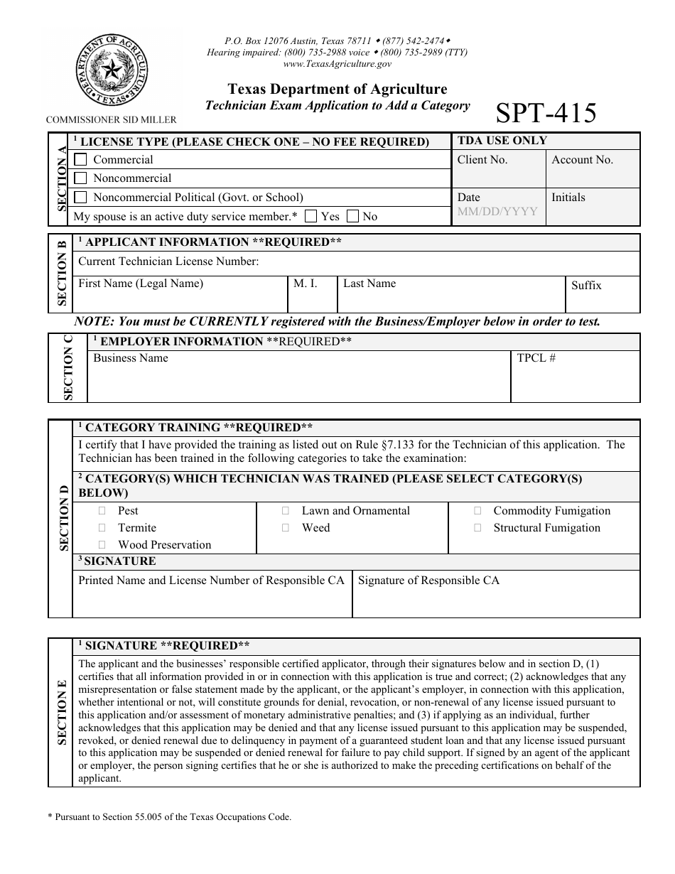 Form SPT-415 Technician Exam Application to Add a Category - Texas, Page 1