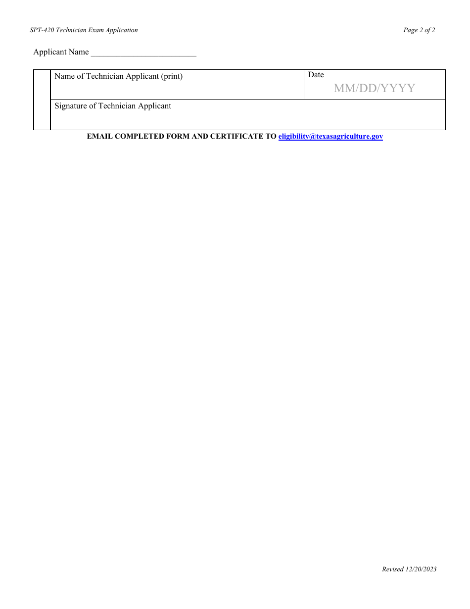 Form SPT-415 Technician Exam Application to Add a Category - Texas, Page 2