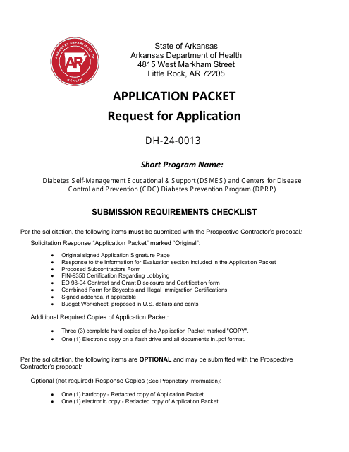 Form DH-24-0013 Request for Application - Diabetes Self-management Educational & Support (Dsmes) and Centers for Disease Control and Prevention (CDC) Diabetes Prevention Program (Dprp) - Arkansas
