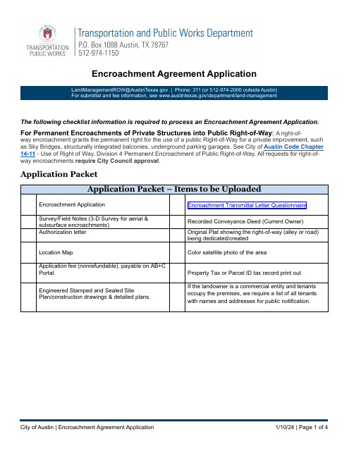 Encroachment Agreement Application - City of Austin, Texas Download Pdf
