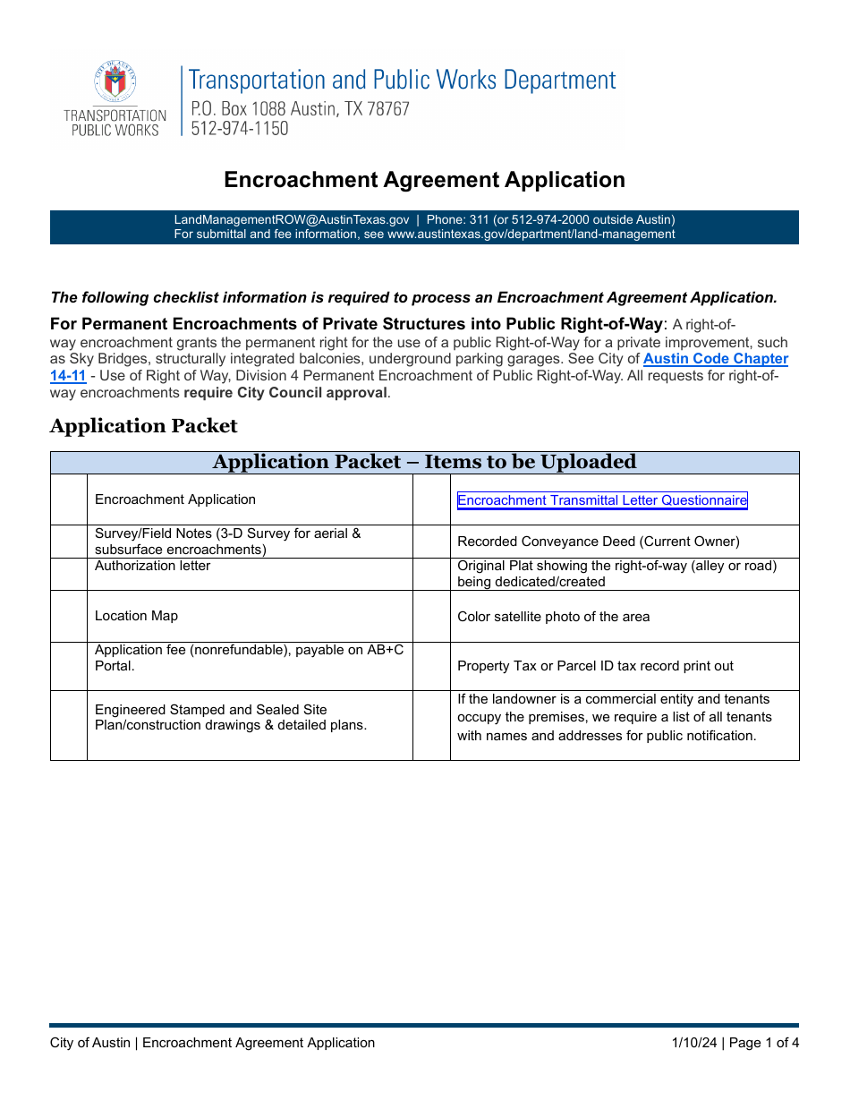 Encroachment Agreement Application - City of Austin, Texas, Page 1