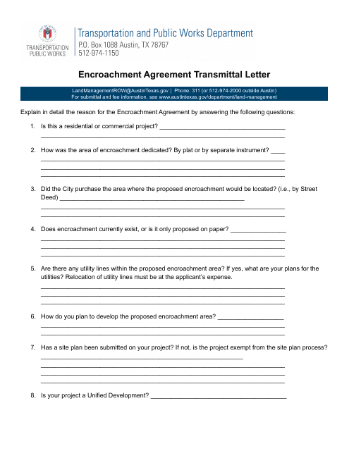 Encroachment Agreement Transmittal Letter - City of Austin, Texas Download Pdf