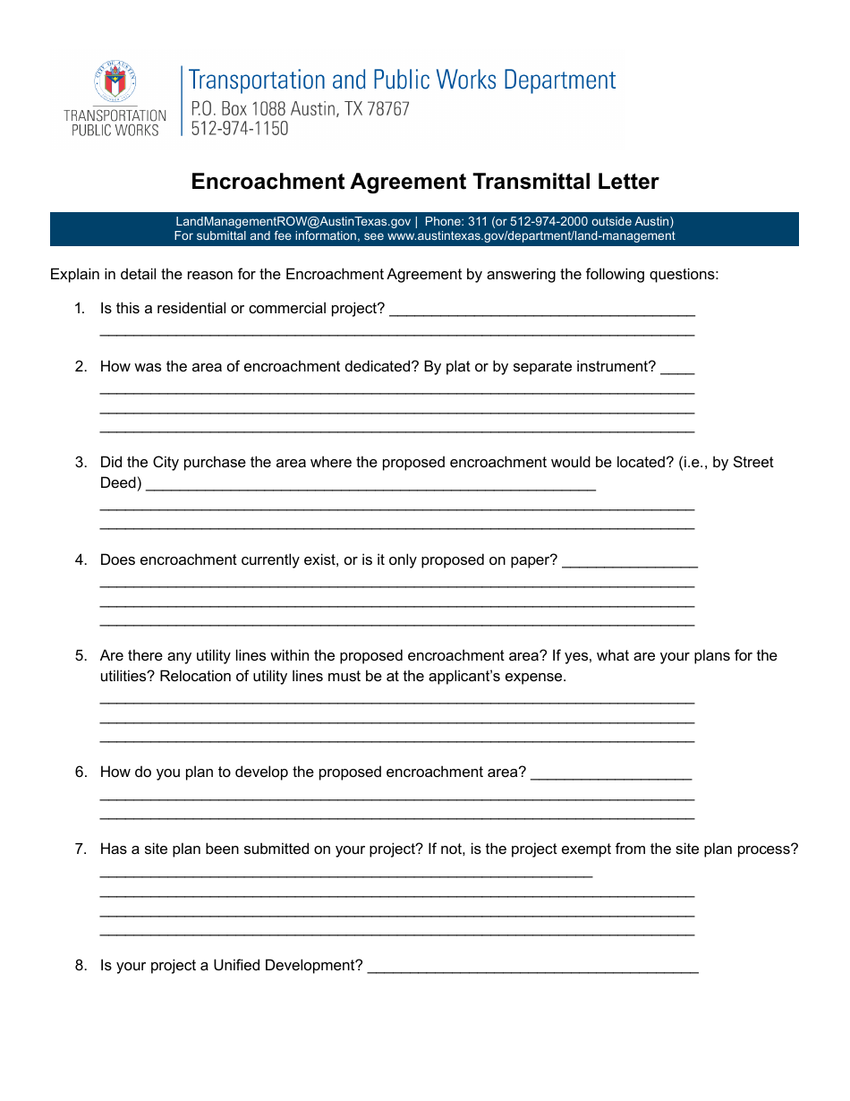 Encroachment Agreement Transmittal Letter - City of Austin, Texas, Page 1