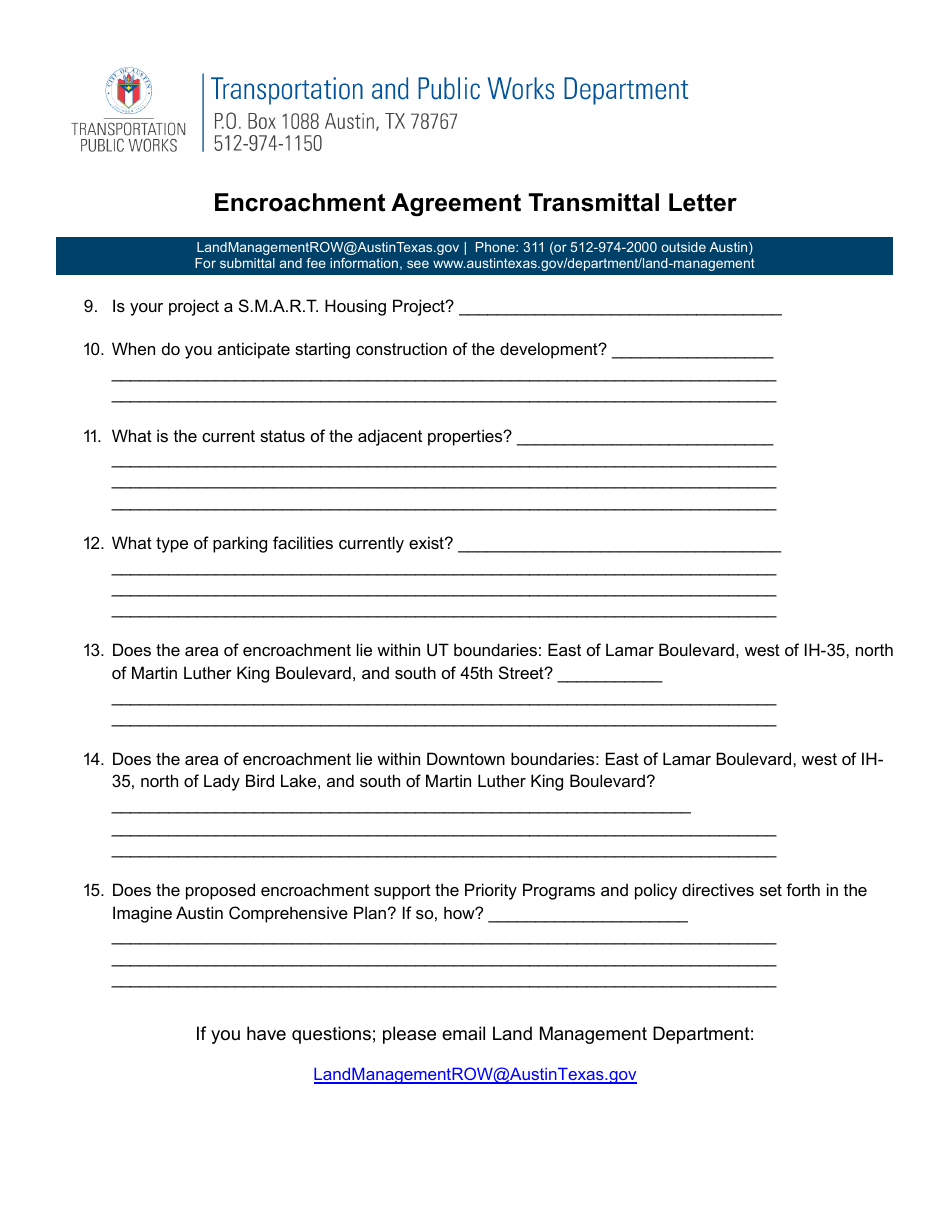 Encroachment Agreement Transmittal Letter - City of Austin, Texas, Page 2