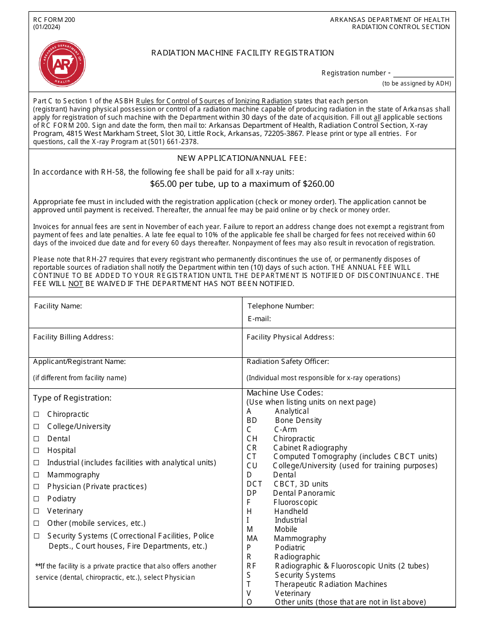 RC Form 200 Radiation Machine Facility Registration - Arkansas, Page 1