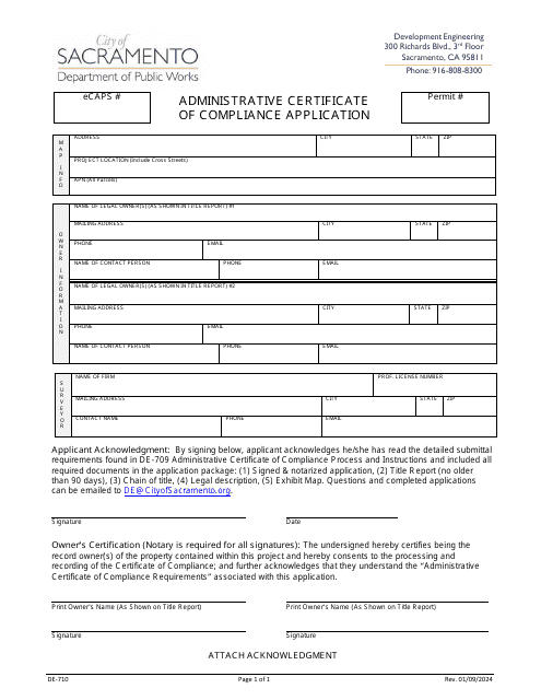 Form DE-710 Administrative Certificate of Compliance Application - City of Sacramento, California