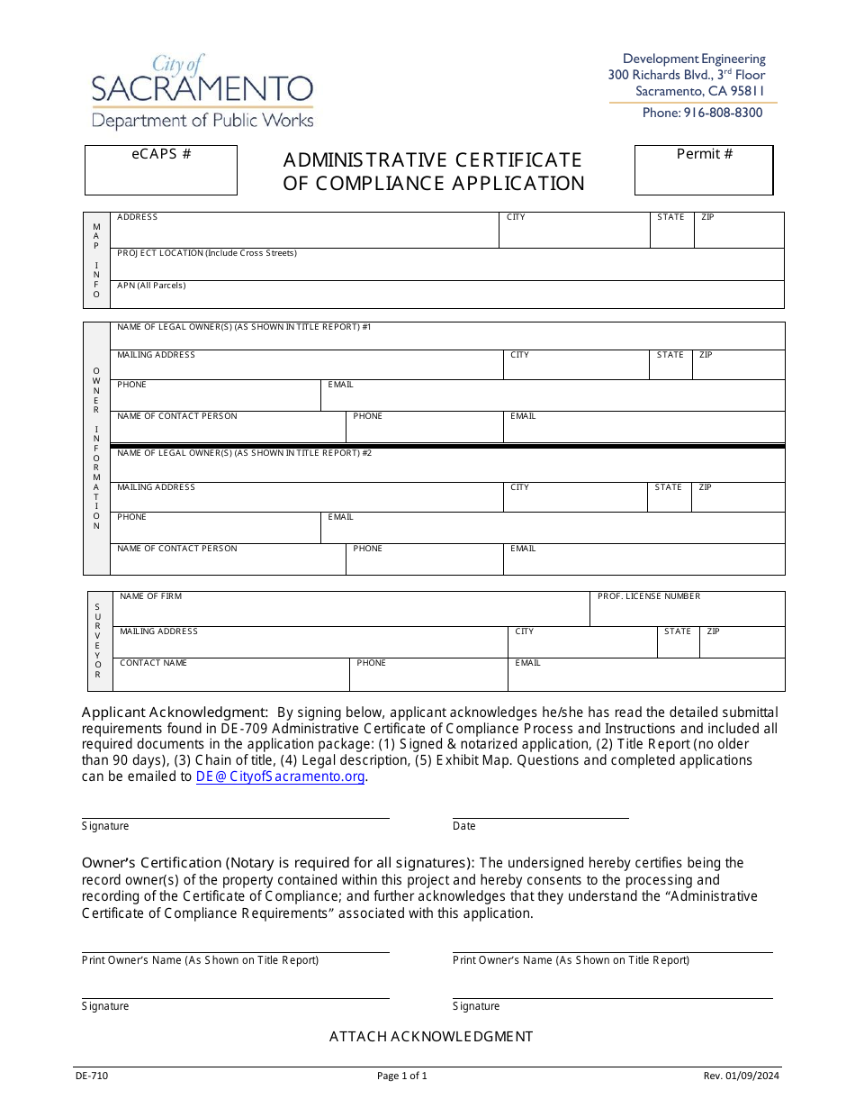 Form DE-710 Administrative Certificate of Compliance Application - City of Sacramento, California, Page 1