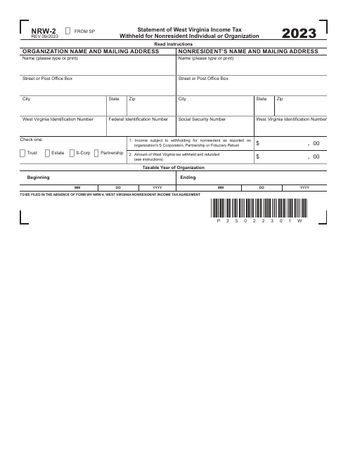 Form NRW-2 Statement of West Virginia Income Tax Withheld for Nonresident Individual or Organization - West Virginia, 2023