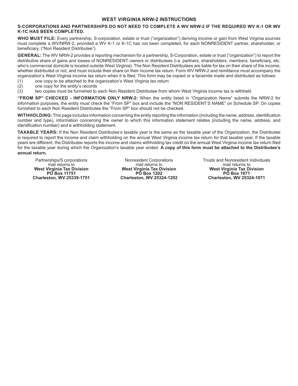 Form NRW-2 Statement of West Virginia Income Tax Withheld for Nonresident Individual or Organization - West Virginia, Page 2