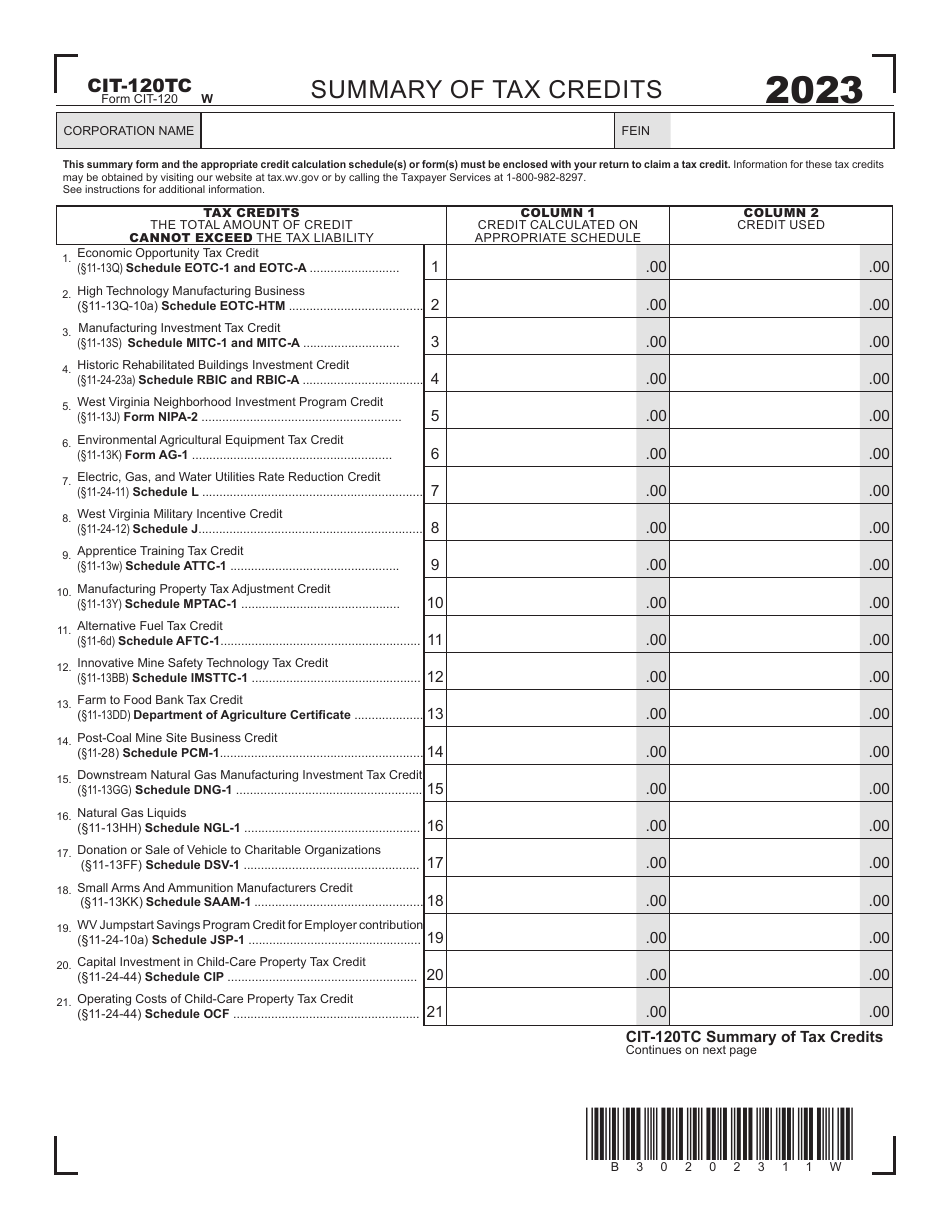 Form CIT-120TC Summary of Tax Credits - West Virginia, Page 1