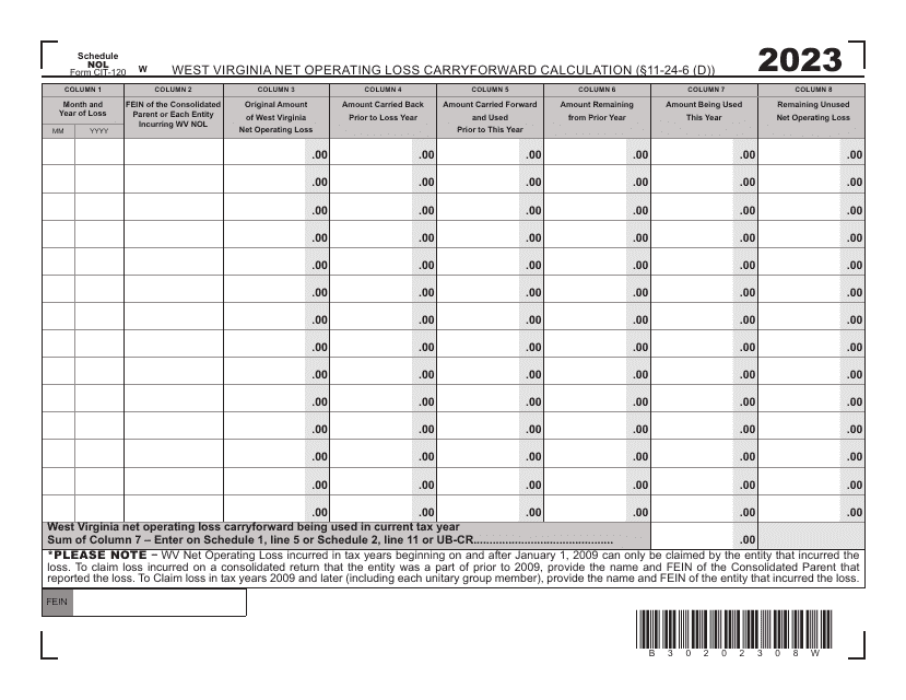 Form CIT-120 Schedule NOL 2023 Printable Pdf