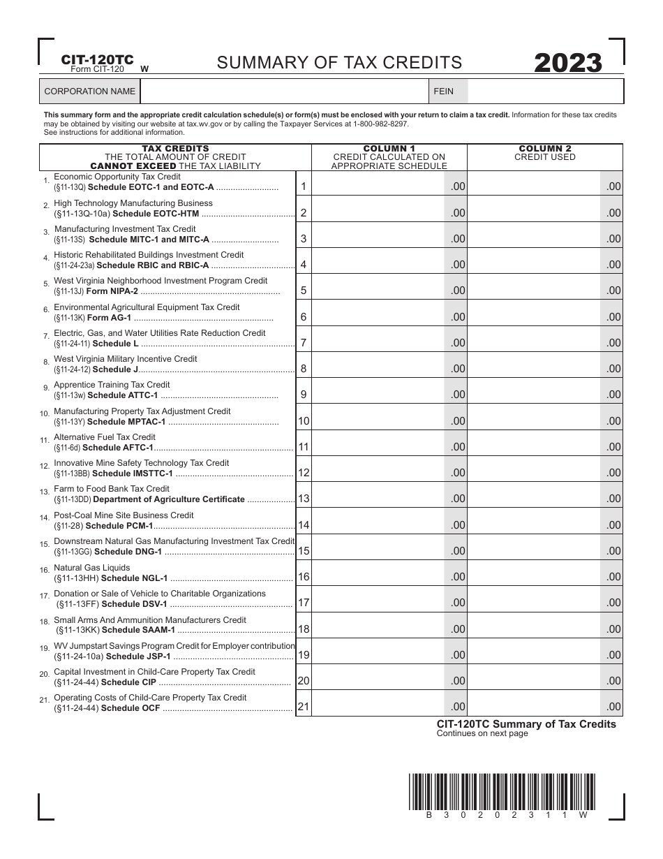 Form CIT-120 West Virginia Corporation Net Income Tax Return - West Virginia, Page 11