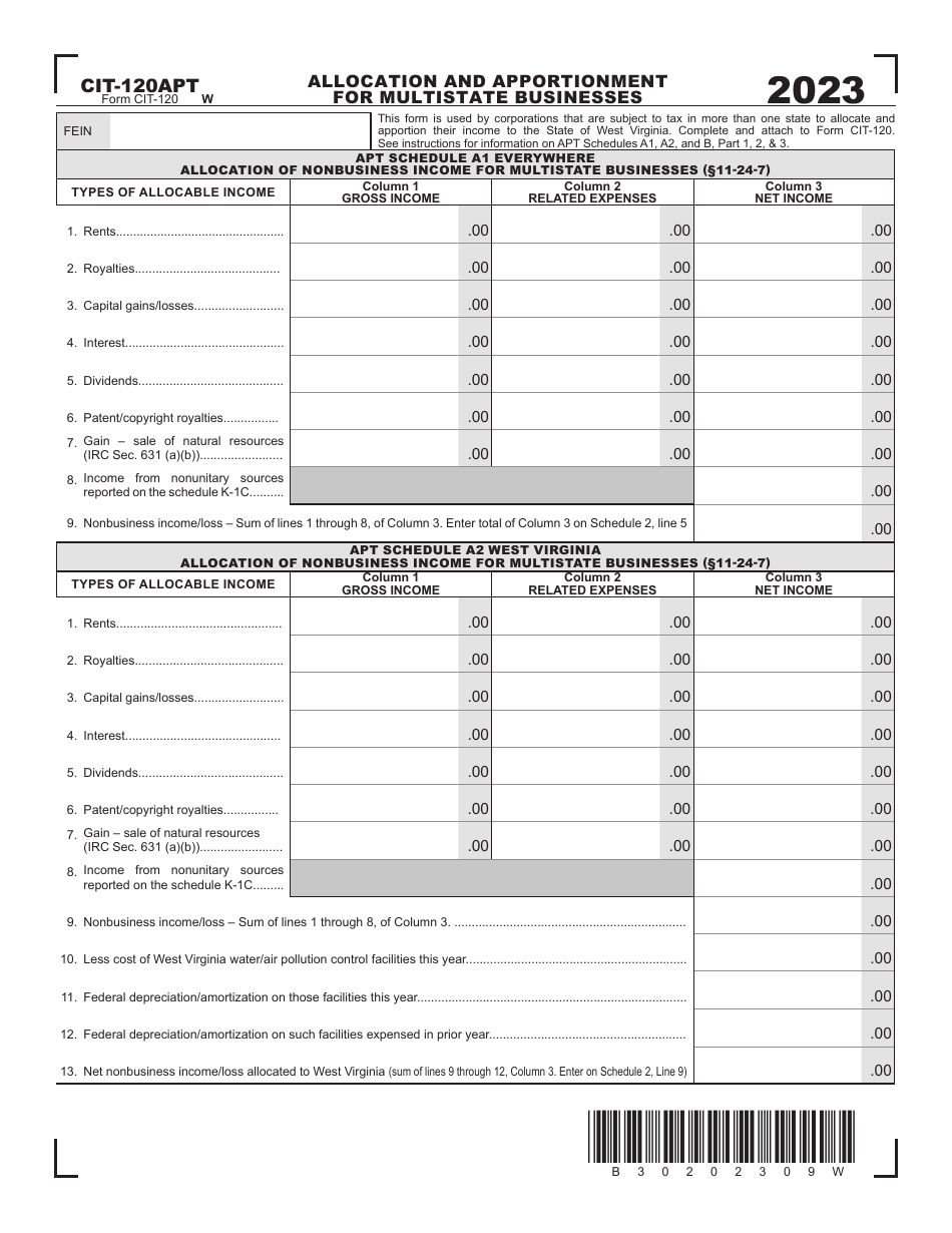 Form CIT-120APT Allocation and Apportionment for Multistate Businesses - West Virginia, Page 1