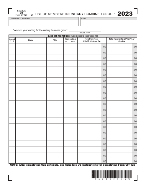 Form CIT-120 Schedule UB 2023 Printable Pdf