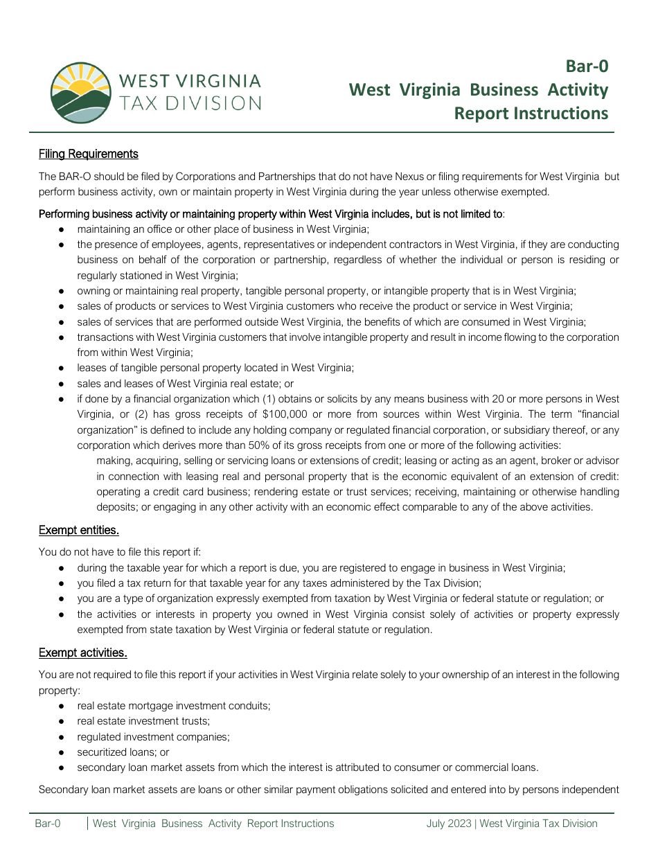 Form BAR-0 West Virginia Business Activity Report - West Virginia, Page 2