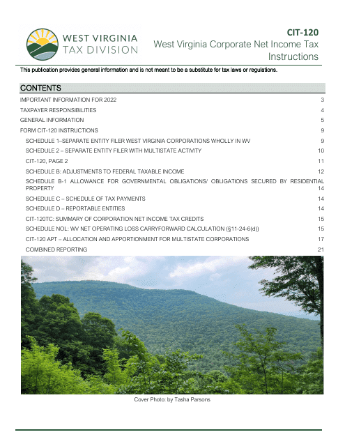 Instructions for Form CIT-120 West Virginia Corporation Net Income Tax Return - West Virginia, 2023